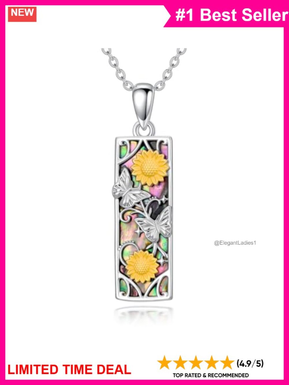 925 Sterling Silver Abalone Butterfly Bar Necklace Sunflower Pendant